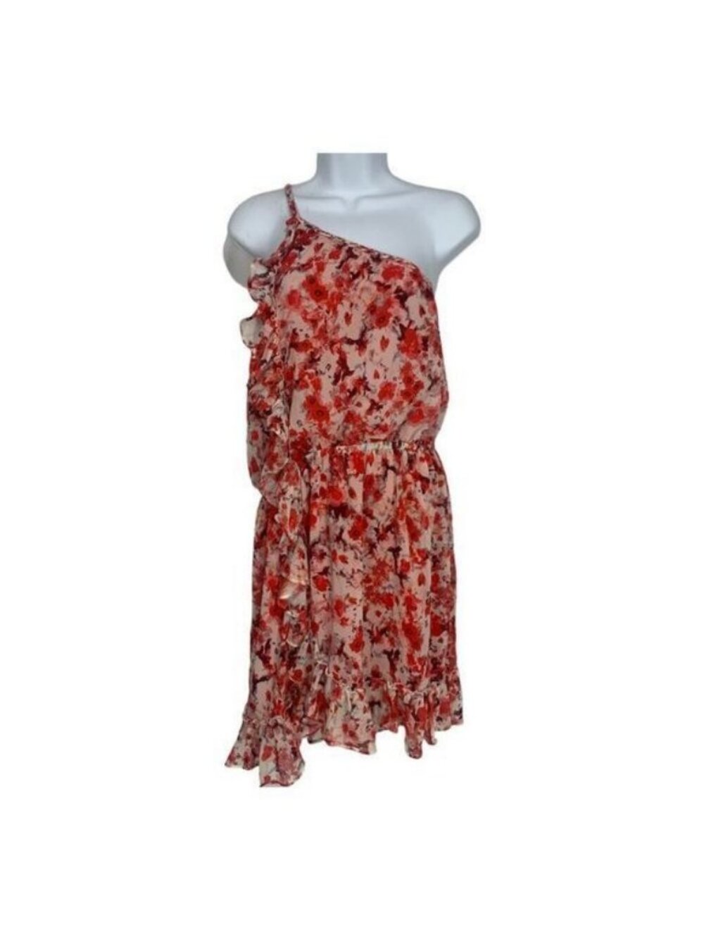 MNG Collection Womens One-Shoulder Floral Dress Size M Red Ruffle Elastic Waist